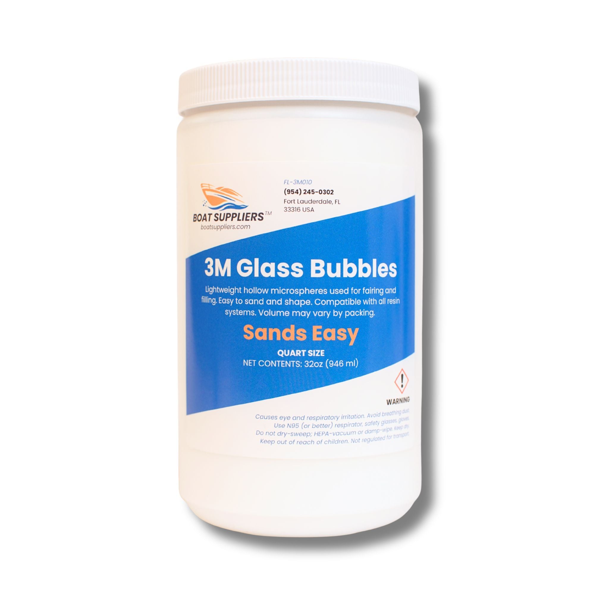 3M Glass Bubbles hollow glass microspheres in a labeled quart jar, lightweight fairing and filling additive, 32oz net contents.